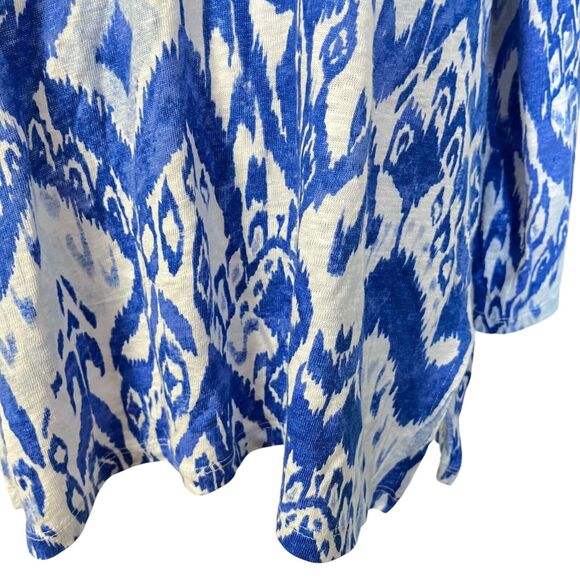 Chicos Womens Ikat Split V Neck 100% Linen Blue Knit Top Long Sleeve White 1/ M - Picture 7 of 16